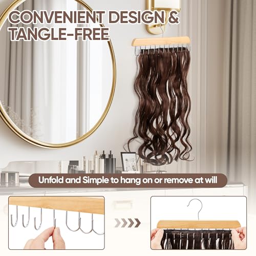 ¡¼2 Pack¡½ Wood Hair Extension Holder for Hair Storing, Washing, Drying, Coloring, Styling, Foldable Belt Hanger, Rotating Multi-Purpose Hooks Hanger, Hanging Closet Organizer