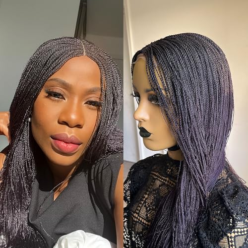 Micro Needle Senegalese Twists Braided Wig, Micro Twists Wigs, Braided Wigs for Black Women, Premium Synthetic Handmade Braid Wig - Dark Purple (20 inches)
