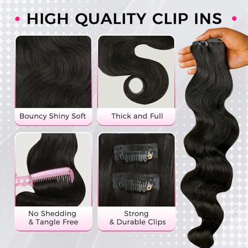 Lashey Invisi Edge Clip in Hair Extensions, 7pcs 110g 20 Inch Natural Black Seamless Clip in Hair Extensions Human Hair Body Wave Real Remy Human Hair