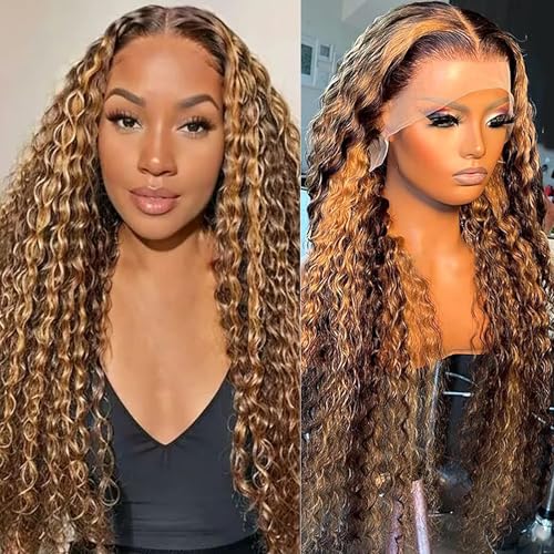 22 inch Highlight Ombre Lace Front Wig Human Hair 13x6 HD Honey Blonde 4/27 Deep Wave Lace Frontal Wigs Human Hair 200% Density Pre Plucked for Women