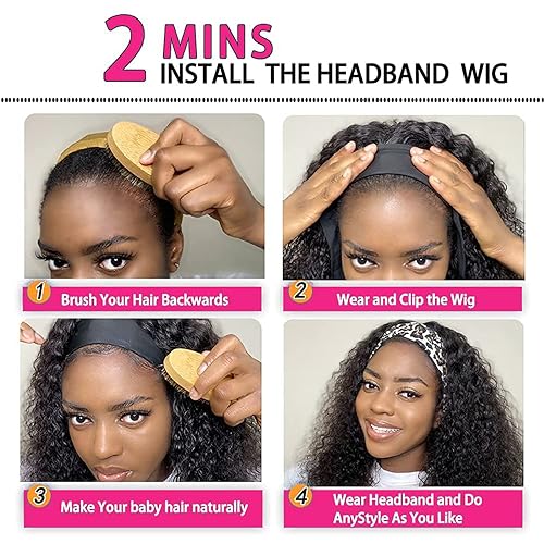 Kinky Curly Headband Wig Human Hair 26 Inch Headband Wigs for Women Human Hair Glueless None Lace Front Curly Wave Wigs Brazilian Virgin Hair Wear and Go Glueless Wig 150% Density Natural Black Color