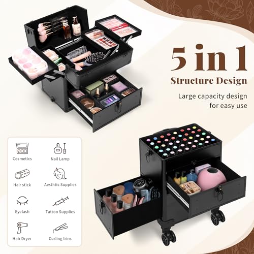 AROUS Rolling Makeup Case with 3 Drawers, Cosmetology Case on Wheels 5 IN 1 Makeup Train Case Make Up Organizer for Artist Salon Nail Teach Trunk,Black