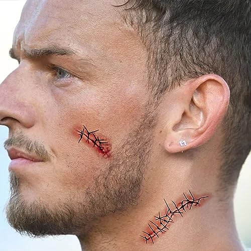 20 Sheets Halloween Zombie Temporary Tattoos - NEDEQI Chucky Scar Fake Blood Tattoos Waterproof Realistic Stitches Wound Temp Tattoo for Chucky Cosume Prank Makeup Cosplay Kids Men Women Adults