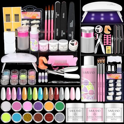 Saviland Acrylic Nail Kit for Beginners Practice: Keratin Acrylic Powder Monomer Liquid Brush Clippers Nail Lamp Complete Tools Everything 100 Nail Tips Home Starters