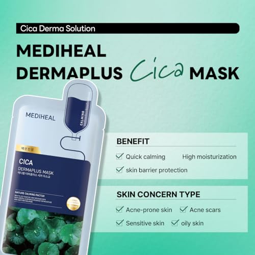Mediheal Dermaplus Cica Mask (10 Counts) - Daily Vegan Mask for Calming Skin with Panthenol & Hyaluron, Korean Self Skin Care Sheet Mask