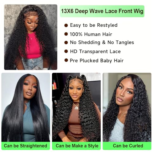 32 Inch 13x6 Deep Wave Lace Front Wigs Human Hair 13x6 HD Lace Front Wigs Human Hair Pre Plucked Glueless Frontal Wigs Human Hair Deep Curly Wig for Women 200 Density