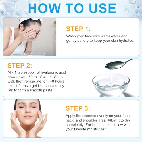 Pure Hyaluronic Acid Serum Powder for Skin & Face, 120G High Molecular Weight Anti Aging Hyaluronic Acid serum, Water Soluble, Fine Powder, Gluten Free, Non-GMO- Includes Scoop