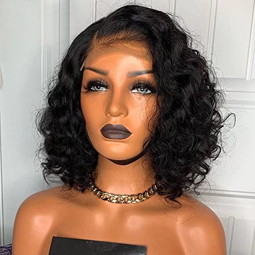 HD Invisible Human Hair 13X6 Lace Front Wigs Deep Side Parting Short Curly Brazilian Remy Hair Glueless Wigs HD Transparent Lace Short Bob Deep Wave Human Wigs 150% Density 10Inch