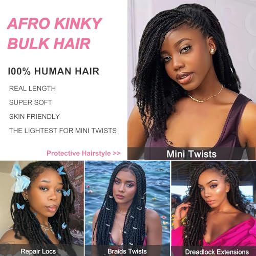 Dilekay Afro Kinkys Bulk Human Hair 16 Inch 2 Bundles 100g 100% Human Hair for Mini Twist Braiding Dreadlocks Extensions Locs Repair Afro Kinky Curly Hair Bulk Natural Black