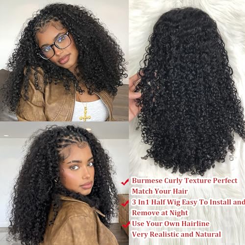 BLG Burmese Curly Human Hair Half Wig for Black Women 300% Density 3 In 1 Half Wig Human Hair 24 Inch Spiral Curly Wear and Go Drawstring Wigs Natural Color Quick Install Beginners Friendly Wigs