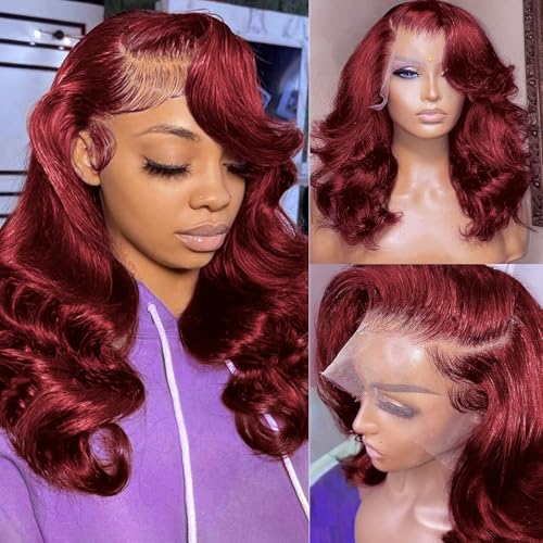 Reddish Brown Bob Wig Human Hair Body Wave 13x4 HD Lace Front Wigs Human Hair 33# Body Wave Lace Frontal Wig Pre Plucked 180% Density Wine Red Bob Wigs for Women 10Inch