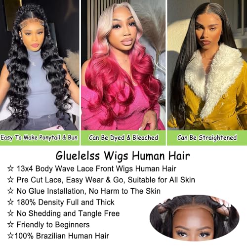 32 Inch Glueless Wigs Human Hair Pre Plucked Pre Cut 180% Density Wear and Go Glueless Wig Human Hair 13x4 HD Body Wave Lace Front Wigs Human Hair for Women Frontal Wigs with Baby Hair