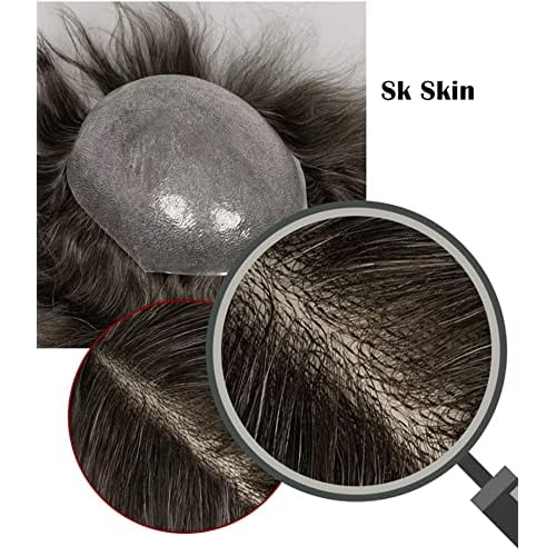 Amiable Men's Toupee - Human Hair Replacement System, Singleknot 0.04mm PU Thin Skin Black Male Hair Unit