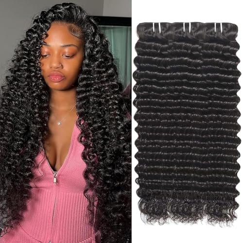 Great Grace 12A Deep Wave Human Hair Bundles 22 24 26 Inch Curly Bundles Human Hair 100% Unprocessed 3 Bundle Brazilian Virgin Human Hair Extensions Quick Weave Natural Black Color