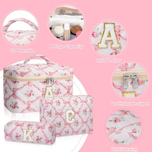 Personalized Initial Makeup Bag Set, Quilted Makeup Bag, Large Floral Cosmetic Bag for Women, Cute Cotton Custom Make up Bags, Flower Travel Toiletry Bag Teen Girl Gift Trendy Stuff Gift S