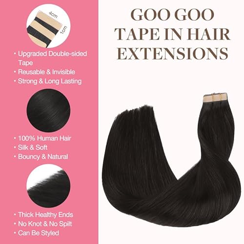 GOO GOO Tape in Hair Extensions Human Hair, 1B Natural black, 20inch 100g 40pcs, Skin Weft Seamless Invisible, Silky Straight with Thick Ends, Remy Human Hair