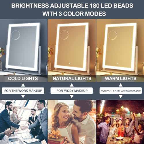 Lighted Makeup Mirror, 17.2"x13.6" Hollywood Vanity Mirror with Lights, Three Color Modes, Smart Touch Control, 360¡ÆRotation,with 5X Magnifying Glass