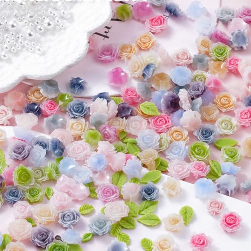 100pcs 3D Camellias Rose Flower Nail Art Charms with Nail Pearls Cute Leaves Flower Nail Charms for Acrylic Nails Colorful Nail Flowers for Nails Charms Floral Nail Charm Resin Charms for Nails Design