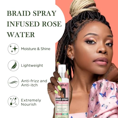 6.8 fl oz Braid Spray Rose Mint for Dreads, Dreadlocks, Locks Spray Rose Water for Itchy Scalp, Shine & Lightweight for Dull Hair Twists, Cornrows, Box Braids Moisturizer