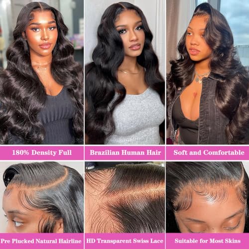 Body Wave Lace Front Wigs Human Hair Pre Plucked 180% Density Glueless Human Hair Wigs for Black Women 13x4 HD Lace Frontal Wigs With Baby Hair Natural Hairline Body Wave Wig (28 Inch)