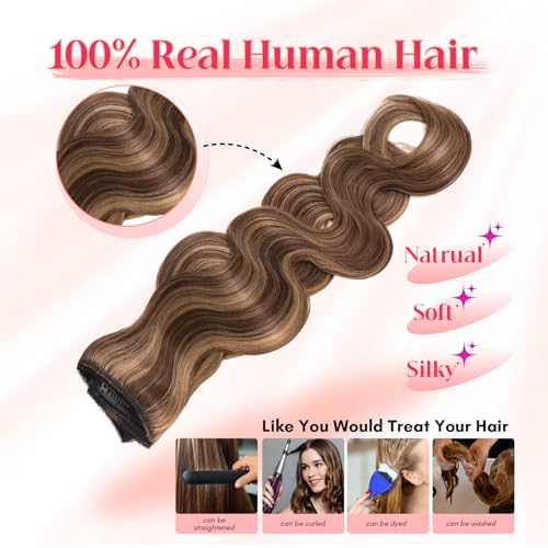 Rich Choices 100% Real Human Halo Hair Extensions Wave Remy Invisible Wire In Hair Extensions Human Hair Clip in Hair Piece 20 Inch #4P27 Medium Brown Mixed Dark Blonde