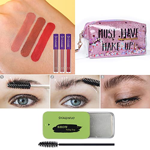 Makeup Set For Women Full Kit - 39 Colors Nude Smokey Eyeshadow Palette, Liquid Foundation + Concealer Brush, Black Mascara Eyeliner Pen, Matte Liquid Lipstick Set, Eyebrow Soap Gel Kit, Makeup Sponges with Makeup Bag Gift Set