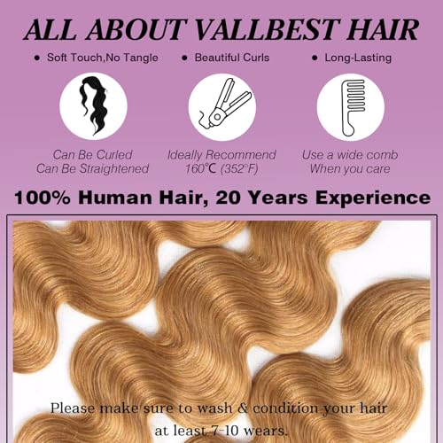 Vallbest Honey Blonde Bundles Human Hair #27 Body Wave Bundles 16 18 20 Inch 3 Bundles 100% Unprocessed Brazilian Virgin Hair 12A Virgin Raw Remy Weave Human Hair Extensions for Women