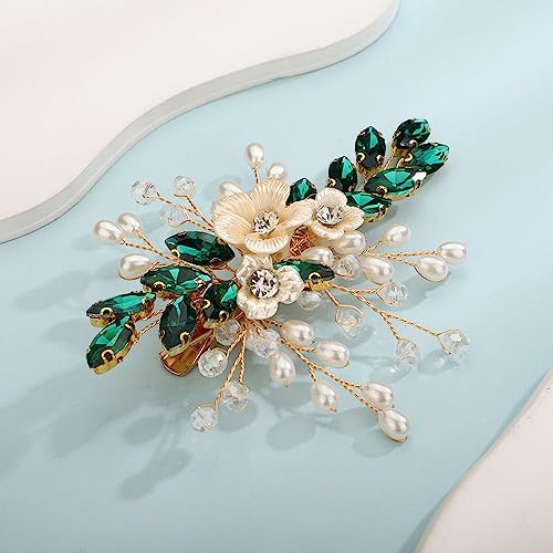 Teyglen Crystal Bridal Hair Clip Wedding Flower Green Rhinestone Hair Clips Handmade Pearls Crystal Hair Pieces Barrette Wedding Hair Accessories for Bride Floral Flower Headpieces for Women Girls