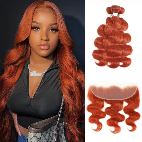 Human Hair Body Wave Bundles with 13x4 Lace Front Closure #350 Ginger Orange Hair Extensions Natural Wave Brazilian Human Hair Bundles 14 16 18 Inch with Closure 12