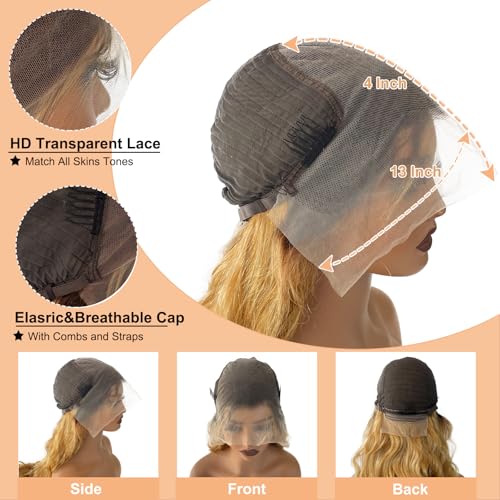13x4 Ombre HD Transparent Lace Front Wigs Human hair Pre Plucked Brazilian Body Wave Frontal Wigs Remy Human Hair with Baby Hair Natural Hairline,1b/27 32Inch