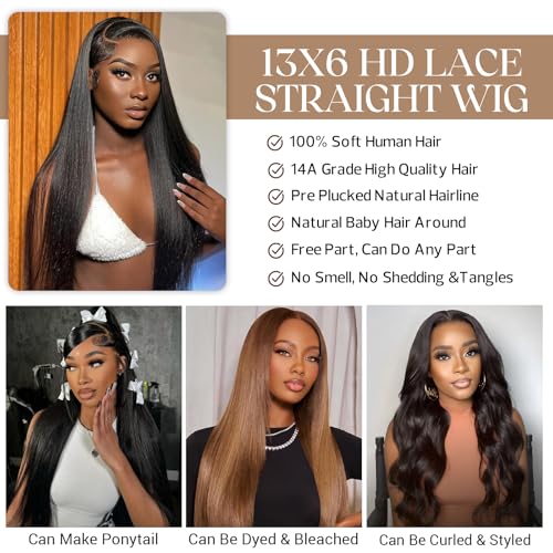 Straight Wigs Human Hair 13x6 Lace Front Wigs Pre Plucked 100% Human Hair Wig,230Density,Triple Lifespan, Straight Hd Lace Frontal Wigs Human Hair for Women Natural Color (20Inch)