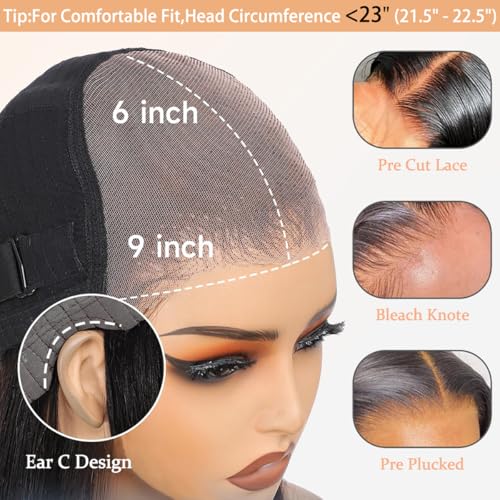 ShowJarlly Small Cap 9x6 Body Wave Lace Front Wigs Human Hair 200% Density Wear and Go Glueless Wigs Human Hair Pre Cut Closure Wig Human Hair for Black Women Natural Black 22 Inch (21.5" - 22.5")