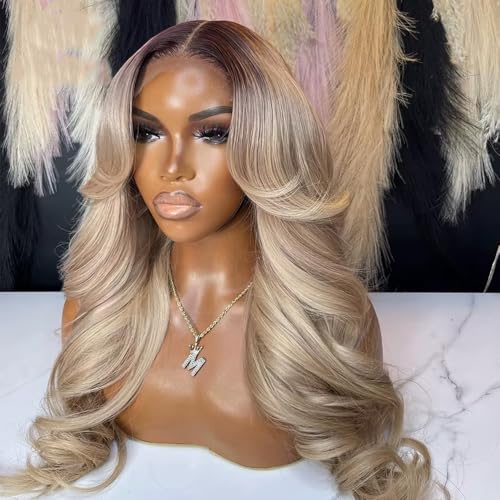 200% Density Milk Tea Ombre Ash Blonde Wigs Human Hair Pre Plucked 13x6 Body Wave Lace Front Wig for Women Hd Invisible Glueless Ombre Blonde Human Hair Wig 20 Inch