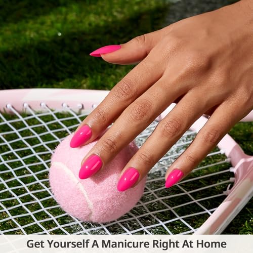 BTArtbox Press On Nails Short - Hot Pink Almond Press On Nails with Glue for Women, Opaque Soft Gel Glue On Nails in 16 Sizes - 32 Stick On Nails Kit, Power Pink