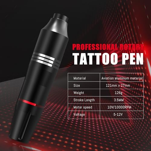 Tattoo Gun Kit Rotary Tattoo Machine Kit Professional Tattoo Pen Kit with Power Supply 10Pcs Cartridge Needles for Beginners and Artists Complete Tattoo Kit Tattoo Supplies - Black
