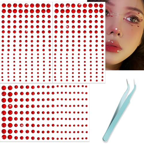 NOOEPC Red Face Gems Hair Gems, Self-Adhesive Face Jewels Eye Jewels Rhinestones 3/4/5/6 mm DIY Face Gems Stick on, Rhinestones Gems Rave Accessories for Face Eyes