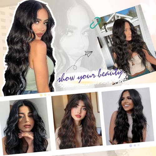 SCENTW Glueless Wigs Black Wig for Women Hand-Tied Lace Synthetic Lace Front Wig Long Wavy with Natural Hairline Middle Part Synthetic wig for Daily Party Beginners