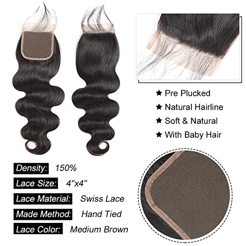 Human Hair Bundles with Closure (22 24 26+20£¬Free Part) Body Wave Bundles with Lace Closure Brazilian Human Hair Weave Virgin Hair Weft 150% Density Natural Color for Black Women
