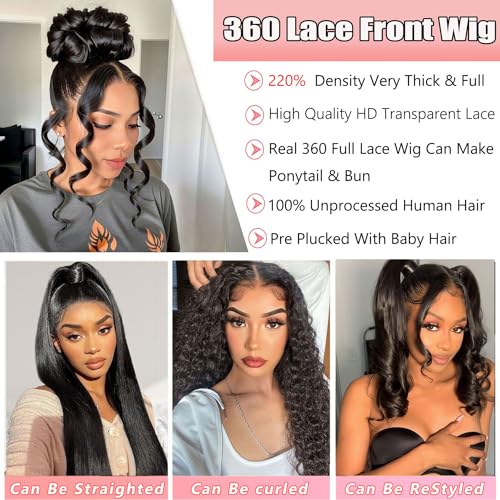 360 Lace Front Wigs Human Hair Body Wave 220 Density HD Lace Front Wigs Pre Plucked Full Lace Wigs For Women Natural Hairline With Baby Hair (24 Inch)