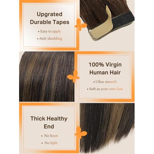 DOORES Tape in Human Hair Extensions, Balayage Dark Brown to Chestnut Brown100g 40pcs 22 Inch, Hair Extensions Tape in Straight Skin Weft Remy Hair Extensions