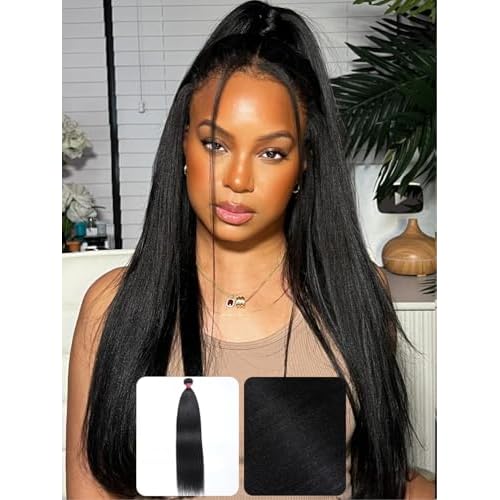 KLAIYI Yaki Straight Bundles Human Hair Weaves Unprocessed Real Virgin Hair Sew In Extensions One Bundle Of 16Inch, 12A Kinky Straight Double Wefts for Women Cllip In Light Yaki Natural Black Color