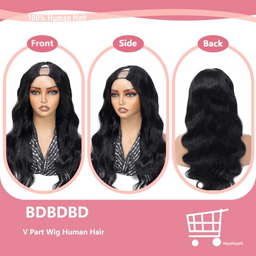 V Part Wig Human Hair Body Wave 100% Real Human Hair Upgrade U Part Human Hair Wig 180% Density Beginner Friendly Natural Color (24 inch)
