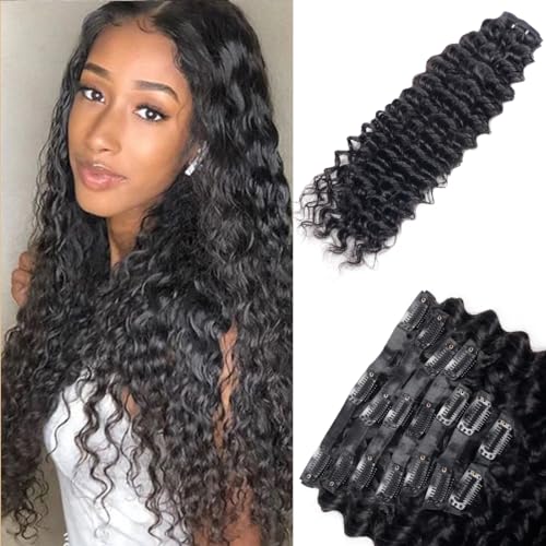 Seamless Clip in Hair Extensions Real Human Hair Deep Wave Brazilian Virgin Human Hair for Women 8Pcs PU Clip in Remy Hair Skin Weft with 18Clips 120g 26inch Natural Black