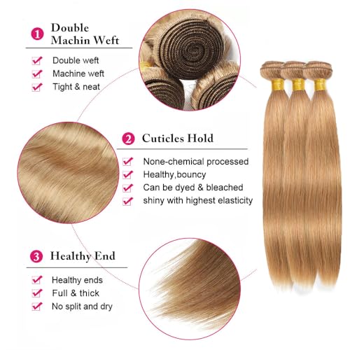 #27 Honey Blonde Bundles Human Hair Straight Bundles 22 24 26 Inch Unprocessed Brazilian Virgin Hair Weave Blonde Human Hair Extensions 3 Bundle 50 Grams Per Bundle For Woman