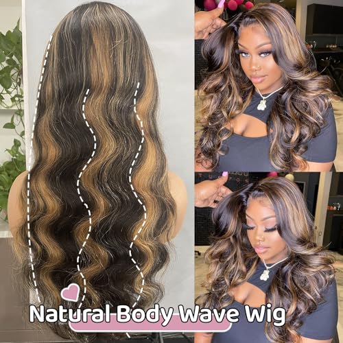 Blomas 200% Density 28 Inch Balayage 1B/27 Highlight Lace Front Wig Human Hair Body Wave Frontal Wigs for Women Human Hair 13x4 HD Glusless Lace Front Wigs Natural Hairline Pre Plucked with Baby Hair