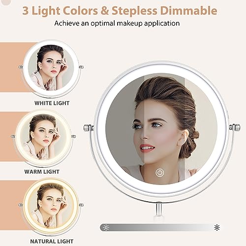 8" Lighted Makeup Mirror with Adjustable Height, 1X/10X Magnification, Rechargeable LED Vanity Mirror with 3 Color Modes, 360¡Æ Rotating Touch Screen, Magnifying Tabletop Cosmetic Mirror