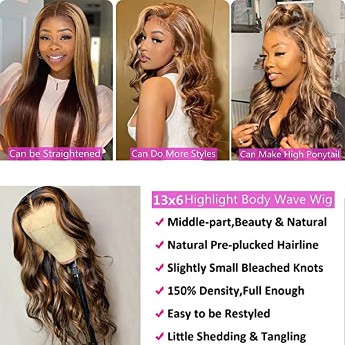 MISSJAY 24 Inch 13x6 HD Lace Front Human Hair Wig - Honey Blonde Highlight Ombre Body Wave - 180 Density for Black Women