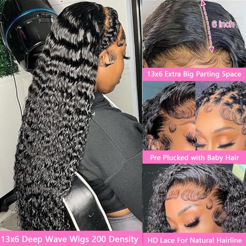 30 Inch Deep Wave Lace Front Wigs Human Hair Pre Plucked 13x6 HD Lace Front Curly Wigs Human Hair 200% Density Glueless Frontal Wigs Curly Wig for Women Natural Black