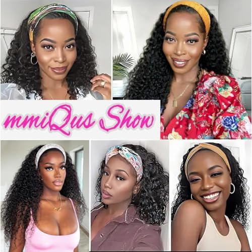 Long Headband Wig Human Hair Water Wave Headband Wigs for Women Curly Wigs Glueless No Lace Front Wig Brazilian Virgin Human Hair 180% Density Natural Black Color 28Inch