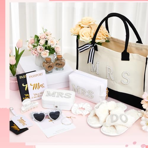 14 Pcs Bridal Shower Gifts Set Including Mrs Mr Travel Passport Tag Tote Cosmetic Bag Jewelry Box Claw Hair Clip Hair Tie Heart Sunglasses for Honeymoon Wedding Supplies(Women 9-10)